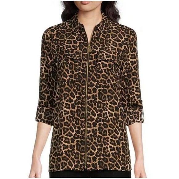 Michael Kors NWT Brown Leopard Animal Full Zip Top Jacket Shacket Size L - Picture 1 of 6